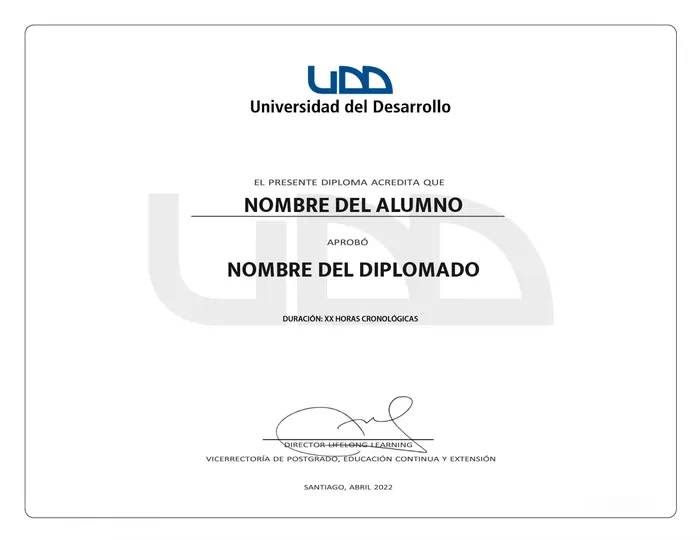 Ejemplo de certificado del diplomado emitido por la Universidad del Desarrollo